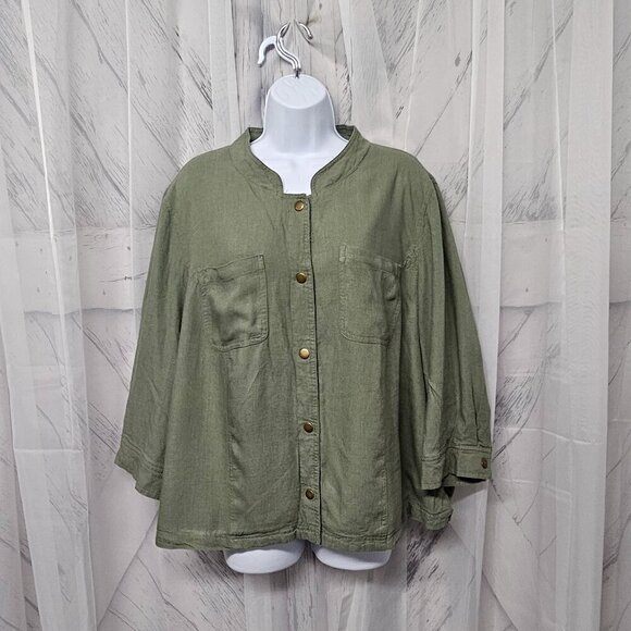 Arna York Olive Green Snap Boho Linen Minimalist Shacket Casual 22/24 - Picture 12 of 12